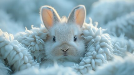 Angora rabbit in a soft, fluffy bed, cozy, adorable - obrazy, fototapety, plakaty
