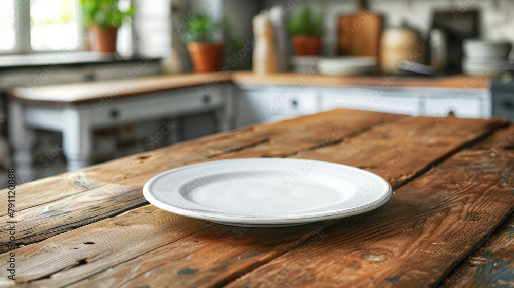 Poster A white plate sitting on a wooden table in the kitchen, AI