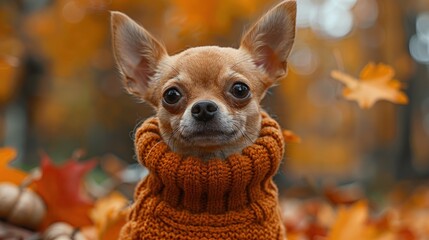 Chihuahua in a knitted sweater, sitting in a fall leaves scene