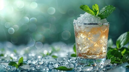 Cool mint julep with crushed ice, in a traditional silver cup, horse race background - obrazy, fototapety, plakaty