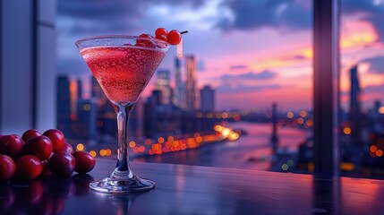Cosmopolitan with a cranberry hue, in a frosted glass, city skyline background - obrazy, fototapety, plakaty