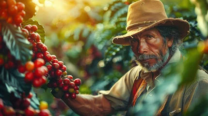 Fotobehang Colombian coffee farmer inspecting ripe coffee cherries in a lush Andean mountainside plantation © Gefo