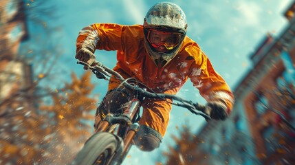 Freestyle BMX rider mid-air, urban background, extreme sports style - obrazy, fototapety, plakaty