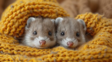 Ferrets playing in a pile of knitted yarn, indoor, cluttered