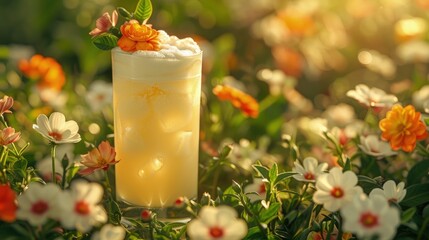Gin fizz, frothy top, in a slim highball, garden party