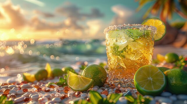 Frosty margarita with salted rim, bursting with lime and tequila, beach background