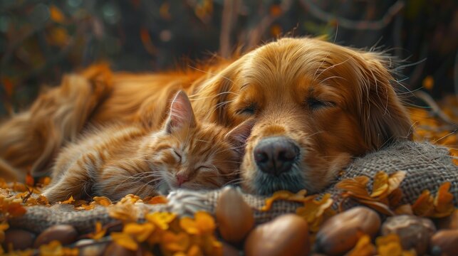 Golden retriever and kitten sleeping together, symbol of friendship