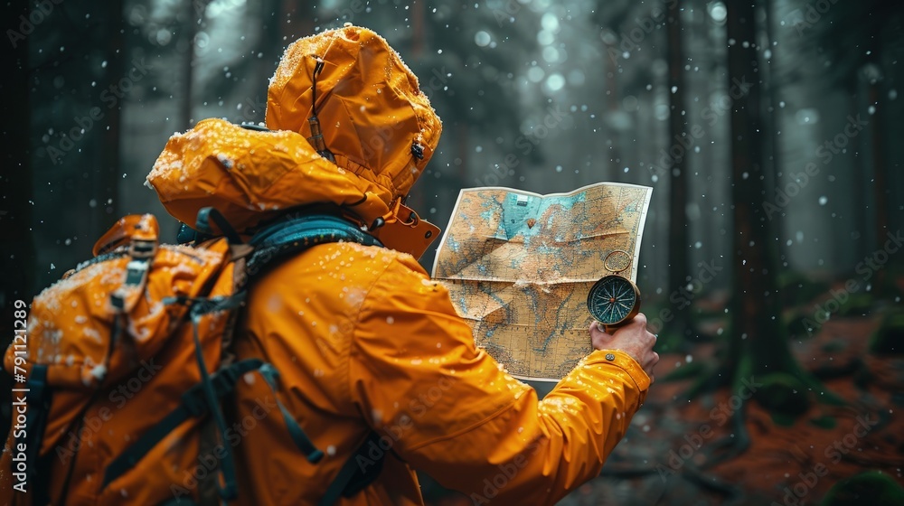 Poster orienteer with map and compass in forest, navigation skill highlight