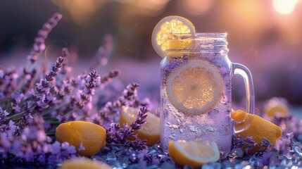 Lavender lemonade vodka, pastel purple, in a mason jar, summer day - obrazy, fototapety, plakaty