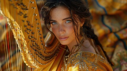 Paraguayan harpist playing traditional tunes at a cultural festival in AsunciÃ³n, audience enchanted