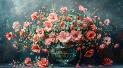   A painting of a pink flower arrangement in a glass vase on a table Leaves and flowers cascade from the vase's side