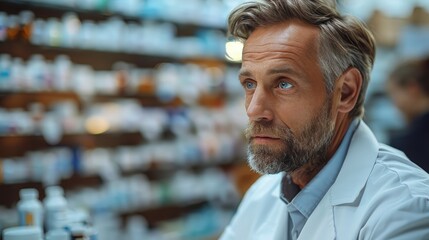 Pharmacist consulting with a patient about medication side effects over the counter - obrazy, fototapety, plakaty