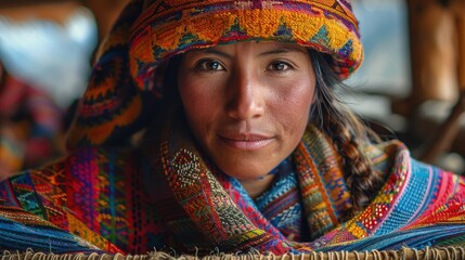 Fototapeta premium Peruvian woman weaving colorful textiles in a traditional village in the Sacred Valley