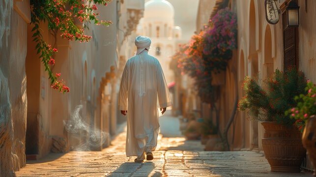 Omani man in a white dishdasha walking through ancient Muscat alleys, incense filling the air