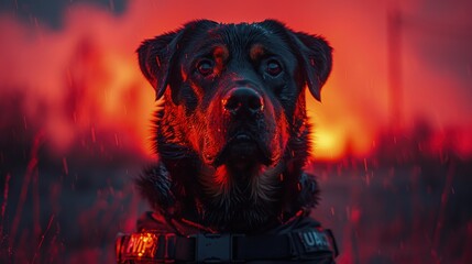 Obraz premium Rottweiler in a police vest, serious, guarding a night scene