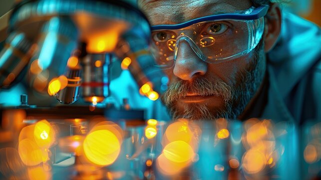 Scientist in a lab examining a slide under a microscope, researching cancer cells