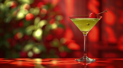 Sour apple martini, bright green, with a cherry, in a chilled glass