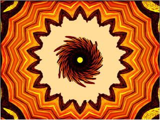 Abstract, orange and black patterns radiate from the center, creating a hypnotic and symmetrical design, reminiscent of a kaleidoscope, within a border