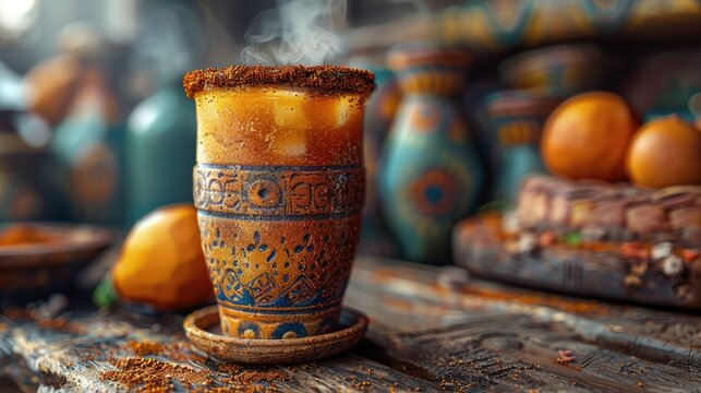 Smoky mezcal cocktail, with a rim of spicy salt, in a rustic clay cup