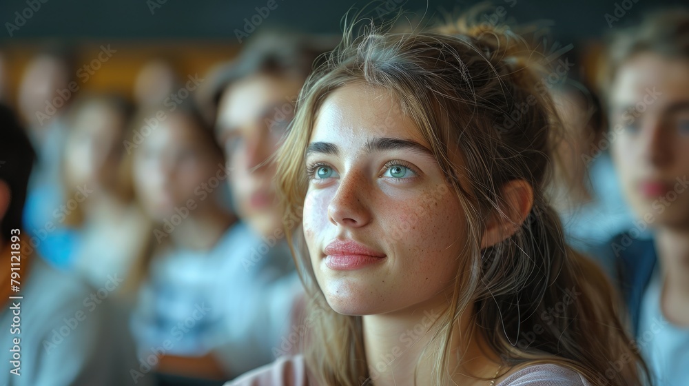 Poster undergraduate students learning ai coding, classroom setting, eager and curious faces