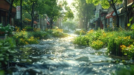 Sustainable urban drainage system, managing rainwater, city streets - obrazy, fototapety, plakaty