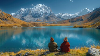 Tajik mountaineers in traditional wool hats resting beside a turquoise lake in the Pamirs - obrazy, fototapety, plakaty
