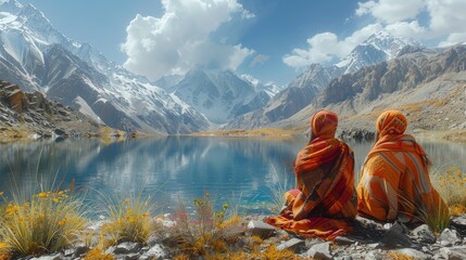 Tajik mountaineers in traditional wool hats resting beside a turquoise lake in the Pamirs - obrazy, fototapety, plakaty