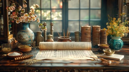 Traditional Chinese medicine setup with acupuncture needles, herbs, and ancient scrolls