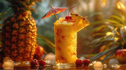 Tropical pina colada in a carved pineapple, umbrella and cherry topping - obrazy, fototapety, plakaty