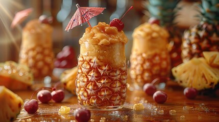 Tropical pina colada in a carved pineapple, umbrella and cherry topping - obrazy, fototapety, plakaty