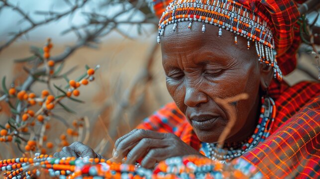 Tanzanian Maasai woman crafting intricate bead jewelry under the shade of an acacia tree
