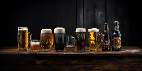 A sets of the different beer in different glass on the wooden table .