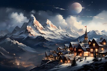 Winter village in the mountains at night with full moon, 3d illustration