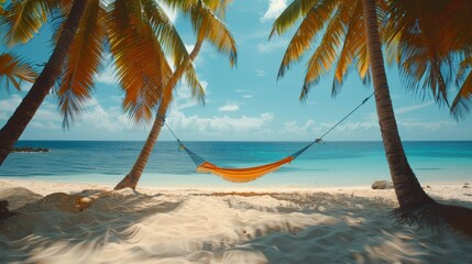 Hammock Hanging Between Two Palm Trees on a Beach