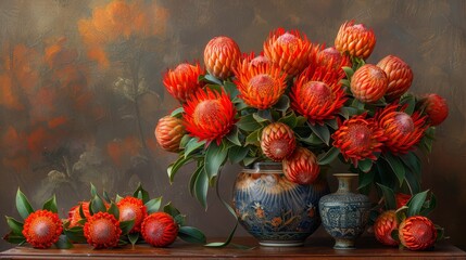  A painting of a bouquet in a vase, adjacent to two other vases filled with flowers