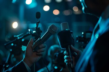 Politician is giving an interview to the media, holding microphones and cameras in their hands. - obrazy, fototapety, plakaty