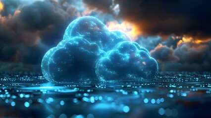 D rendering of cloud storage technology against a blue backdrop. Concept Cloud Technology, 3D Rendering, Blue Backdrop