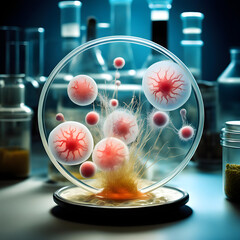 Senkrecht stehende Petrischale im Labor, mit unerwarteten Gewächsen.  - obrazy, fototapety, plakaty