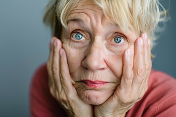 Senior woman touching wrinkled face