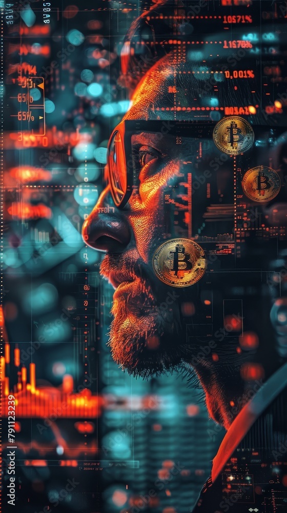 Poster a man with a beard and glasses is looking at a screen with a bunch of numbers