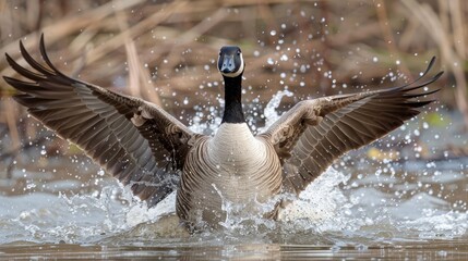 Canadian goose splashing water on itself by flapping its wings at Bombay Hook National Wildlife Refuge in Kent County DE