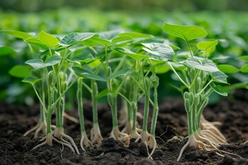 Obraz premium Fresh green soybean plants with roots, plantation background, plants, baby plants