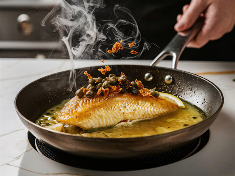 Lenguado meuniere en preparaci&oacute;n, chef experimentado preparando comida