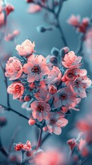 A close up of pink flowers with a blue background