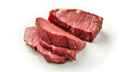 Slices of raw beef meat on a white background, isolated