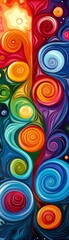 A colorful painting of swirls and circles with a blue background