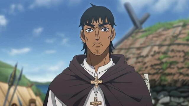 Athelstan, character, 20 years old, black hair, priest, Viking series, Kattegat in background, anime style