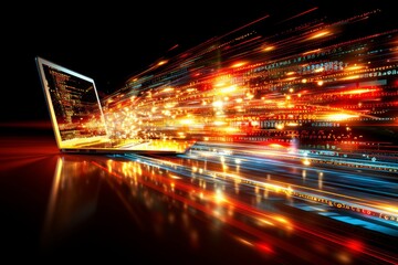 Laptop with holographic data visualization on the screen, black background, colorful waves of light and code flowing from laptop to other elements in space