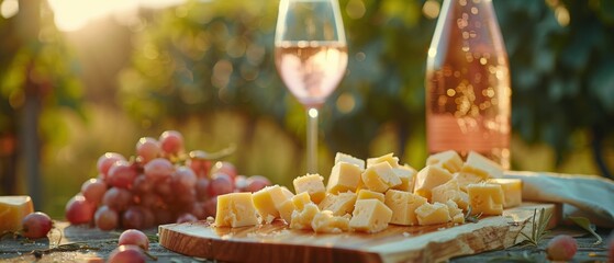 Wooden Cutting Board With Cheese and Glass of Wine