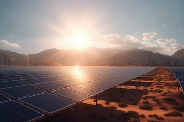 Solar Panel Farm in Arid Desert Landscape, Renewable Energy Concept